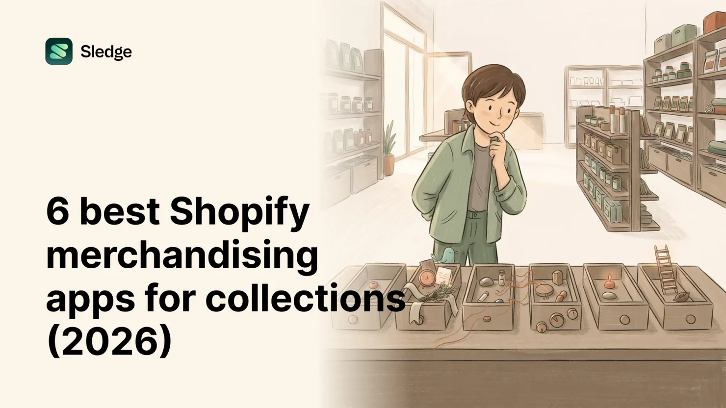 A shop owner stands among stocked shelves, six open trays of goods arranged on the table in front.