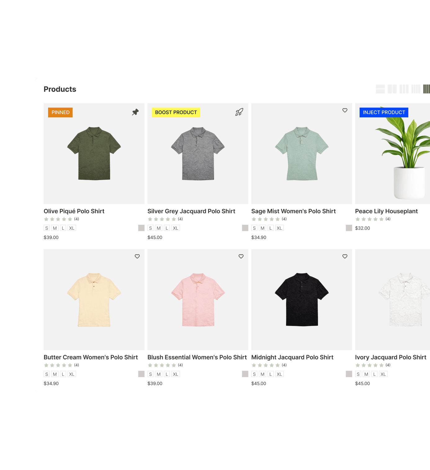 A Shopify collection merchandised by rule, with products pinned, boosted, demoted, and hidden.