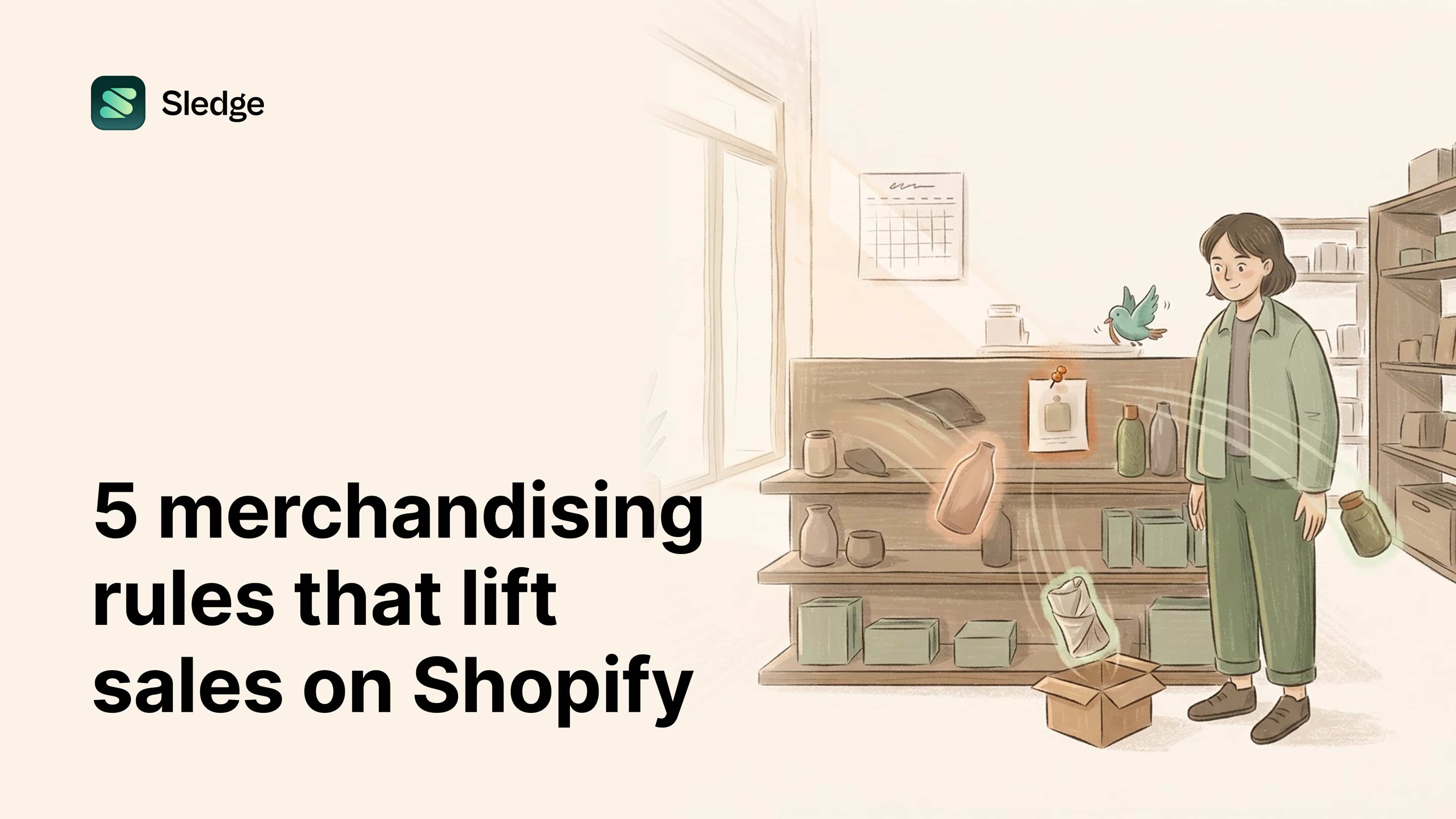 Store shelves rearranging on their own: one product pinned front and center while slow movers drop into an open box