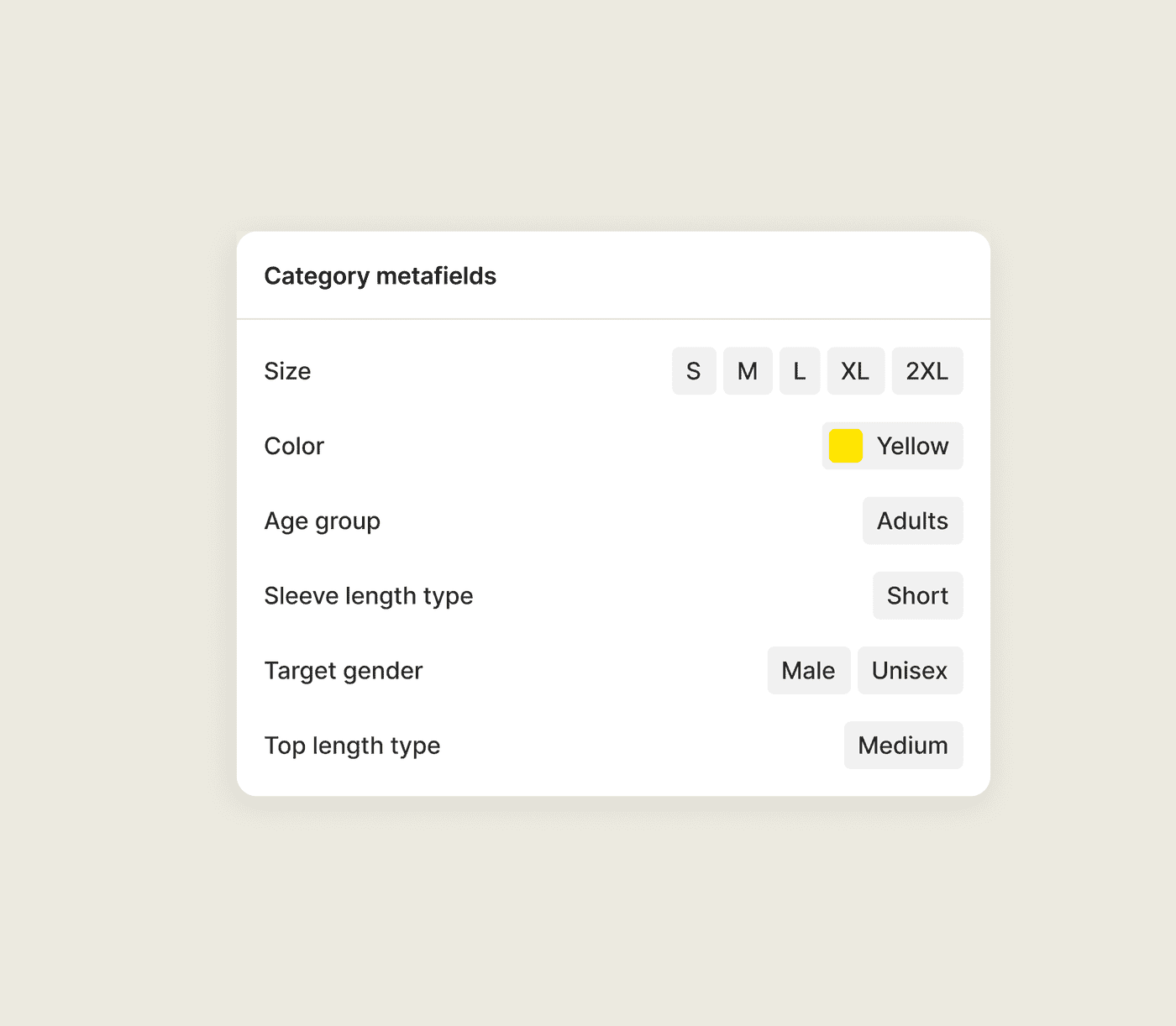 Shopify category metafields for size, colour, age group, sleeve length, and gender used as filter sources.
