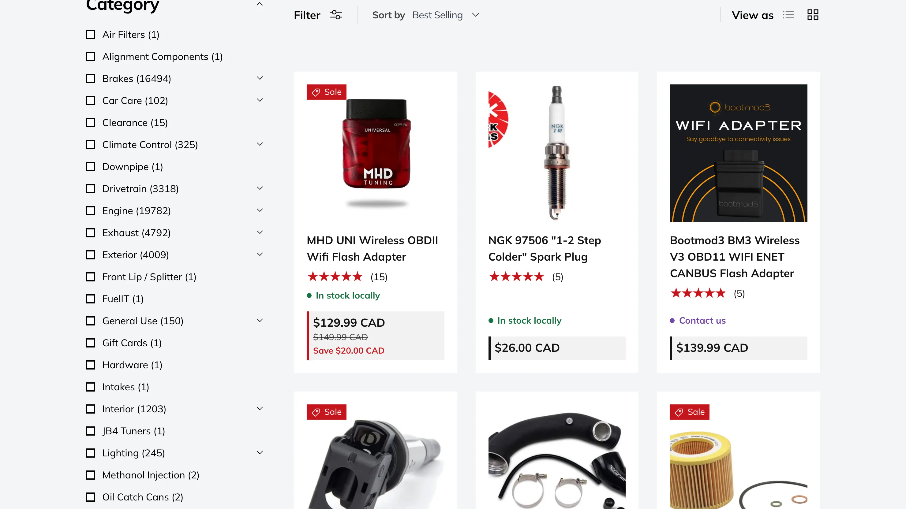A storefront category rail listing Brakes, Drivetrain, Engine and Exhaust, each with a live product count beside it and a chevron to open it.