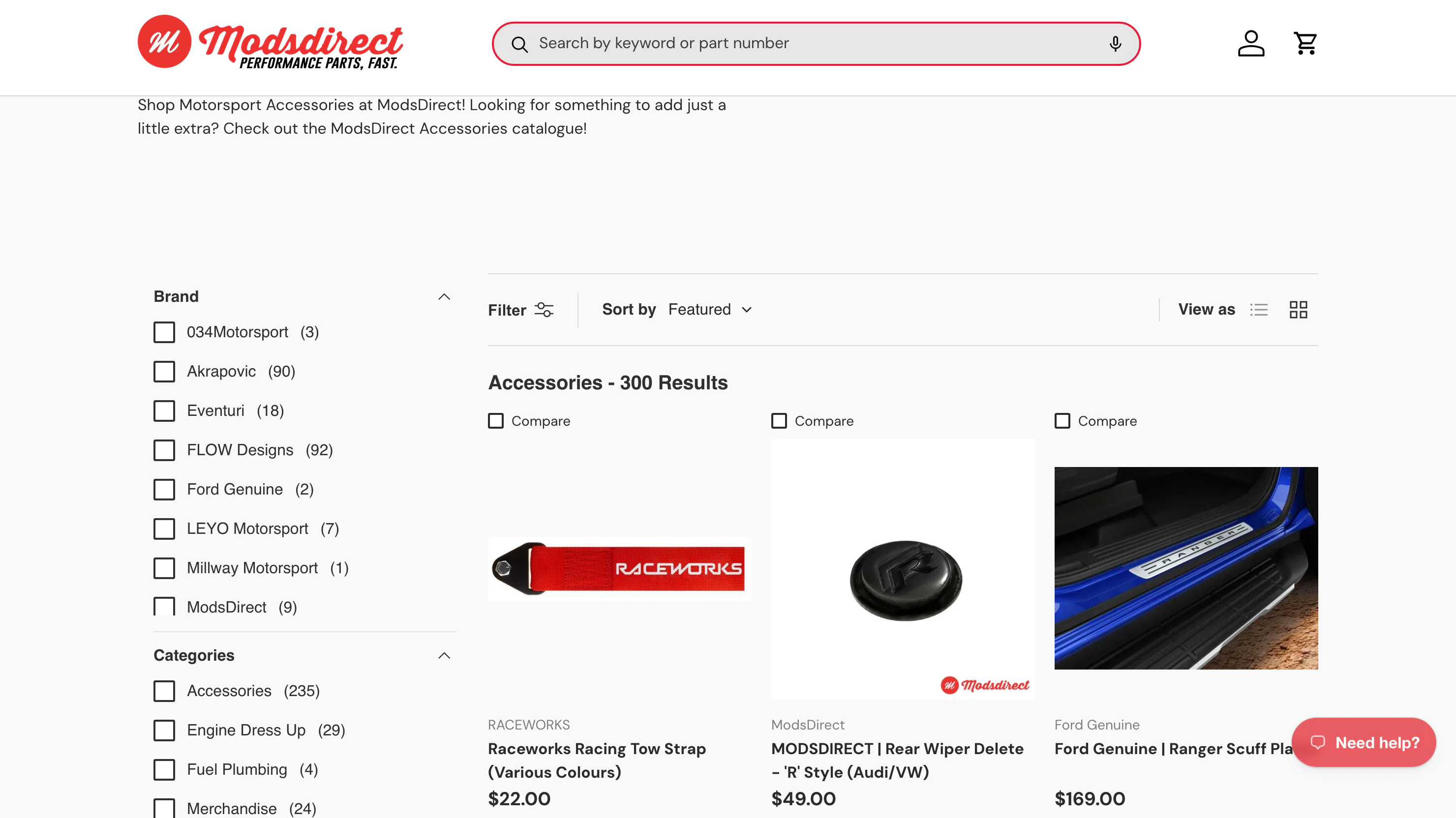A parts storefront with a brand filter and a category filter down the left, each value carrying its own count, beside a results grid.