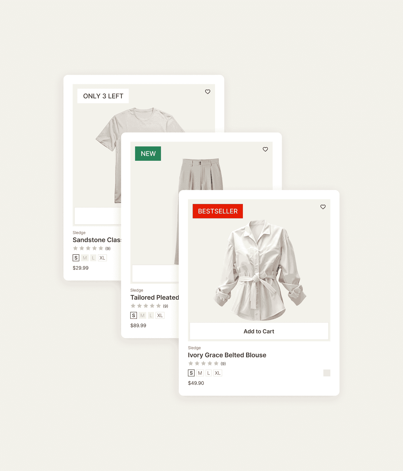 Shopify product cards carrying only 3 left, new, and bestseller badges instead of nothing at all.