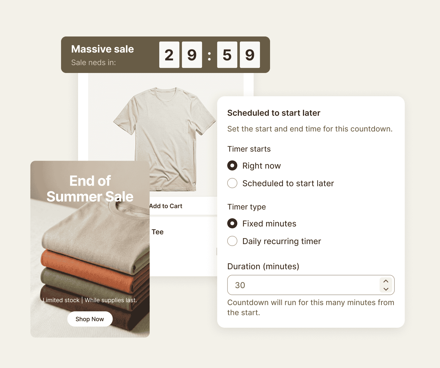 A Shopify sale countdown bar with its start time, timer mode, and duration set in advance.