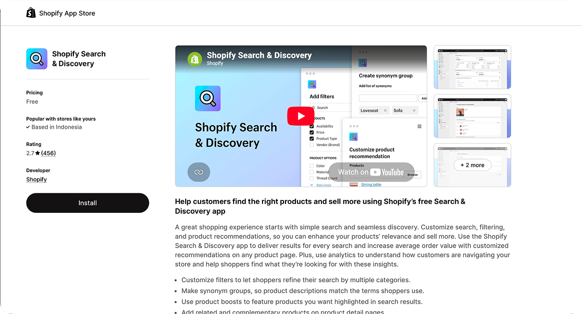 The free Shopify Search and Discovery listing on the Shopify App Store, rated 2.7 from 456 reviews and built by Shopify.