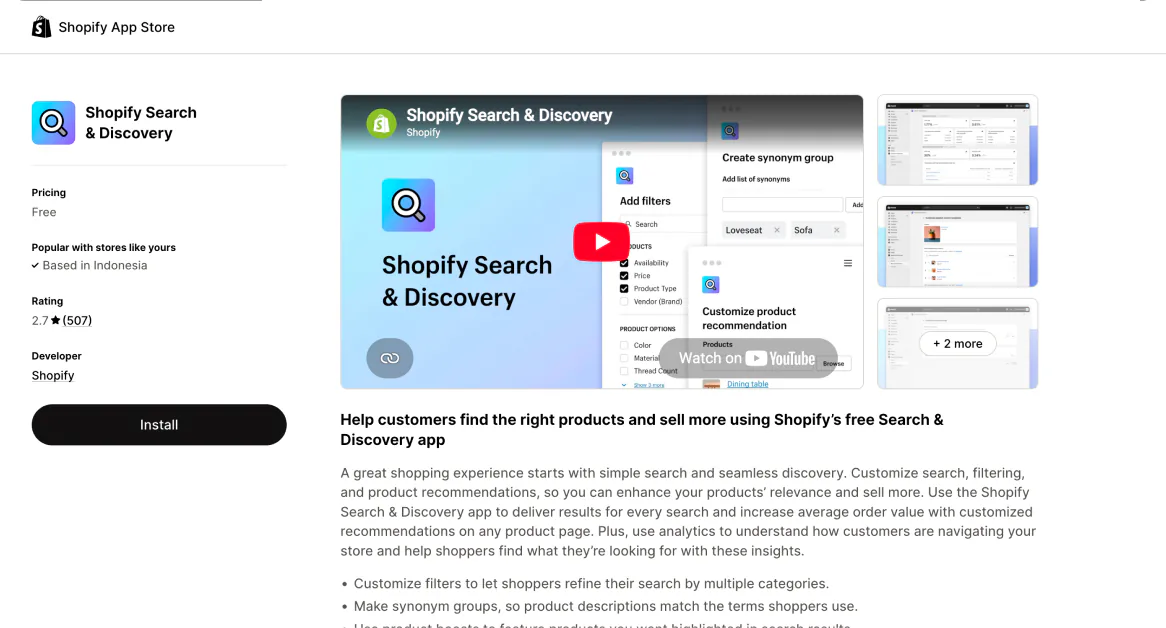 The free Shopify Search and Discovery listing on the Shopify App Store, previewing its filter, synonym group, and product recommendation screens.