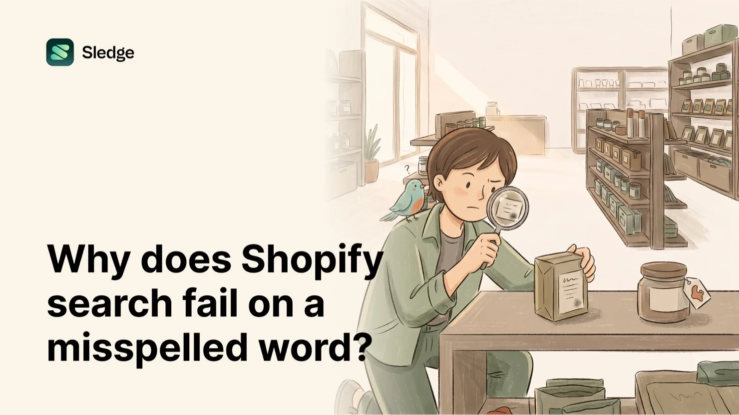A shopkeeper inspects a labeled jar through a magnifying glass in a sunlit store, a bird perched beside them.