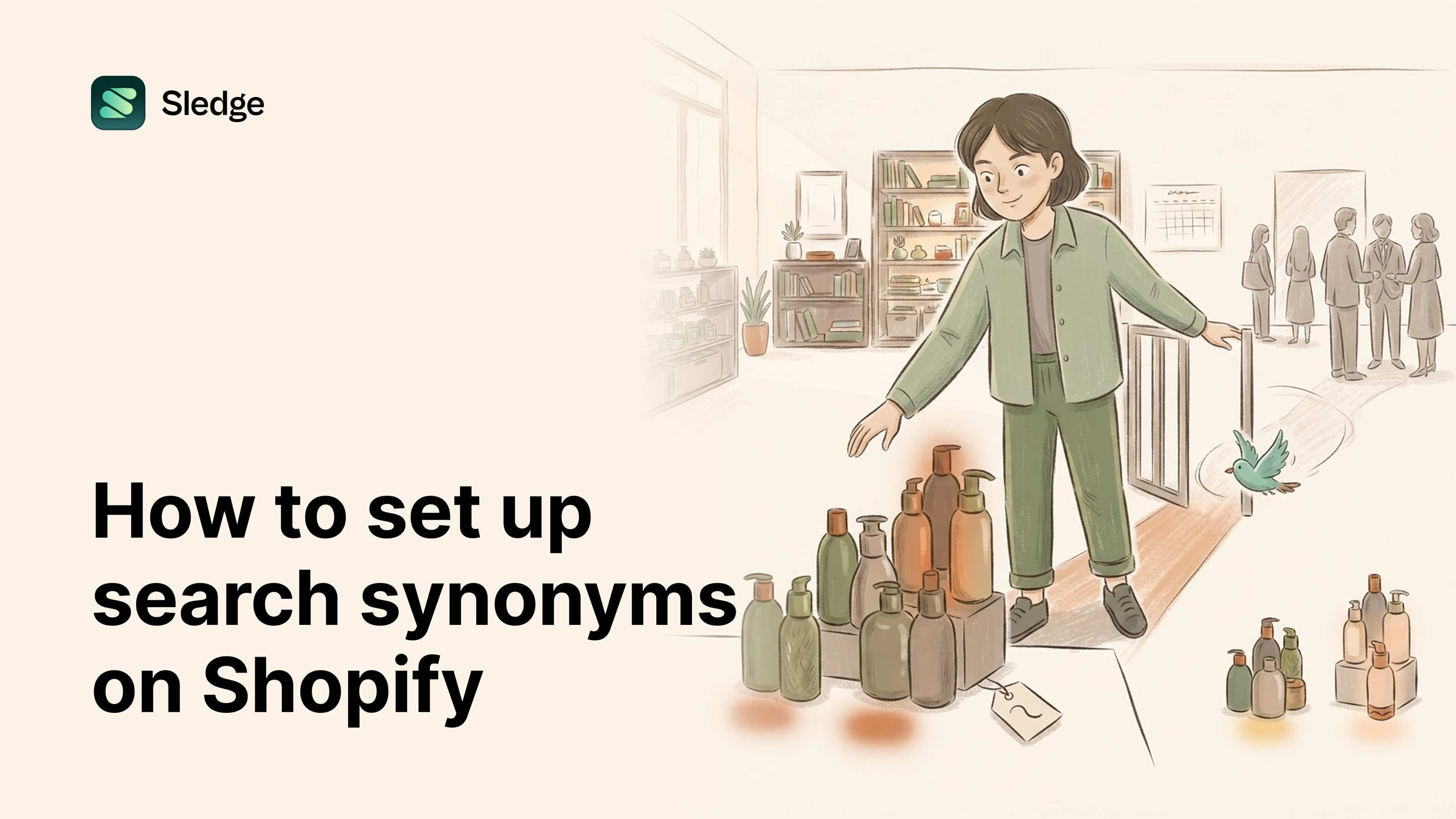 A shopkeeper steers arriving shoppers toward matching groups of bottles, one set tagged with a question mark