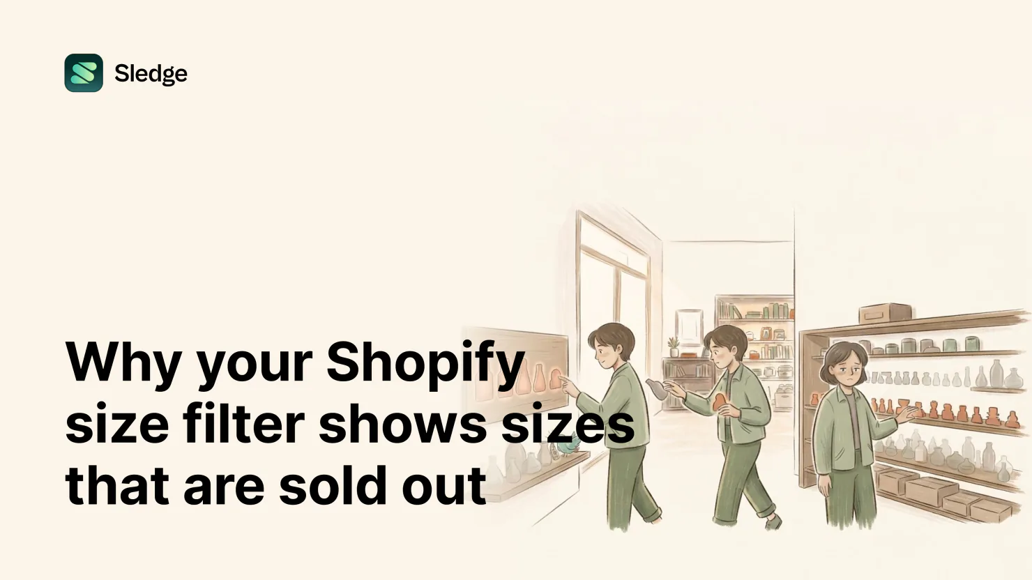 Three shopkeepers point at glowing bottle shapes on a wall display and a shelf, one frowning at the sizes that are gone.