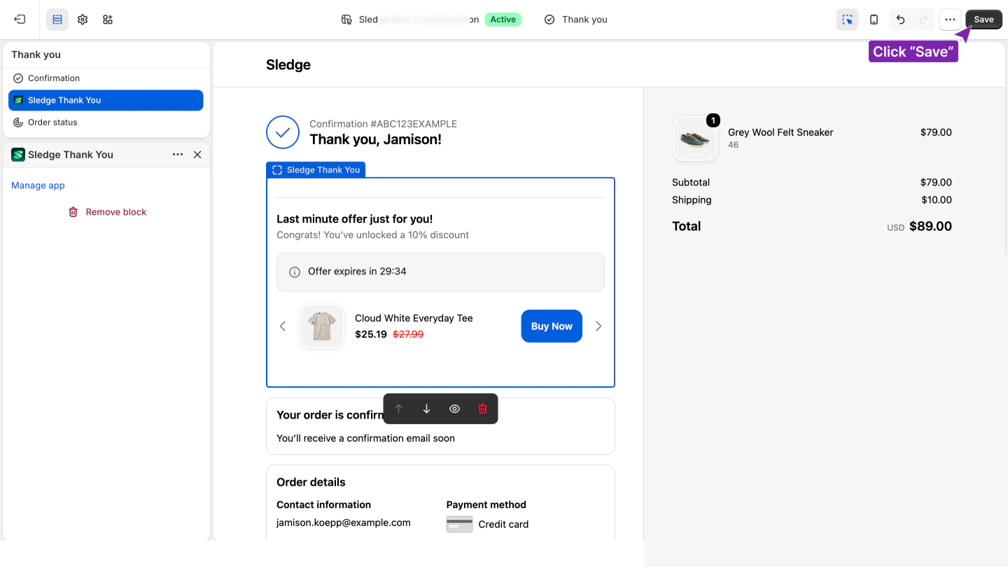 The Sledge Thank You block live in the preview, showing a post-purchase offer, with Save highlighted.