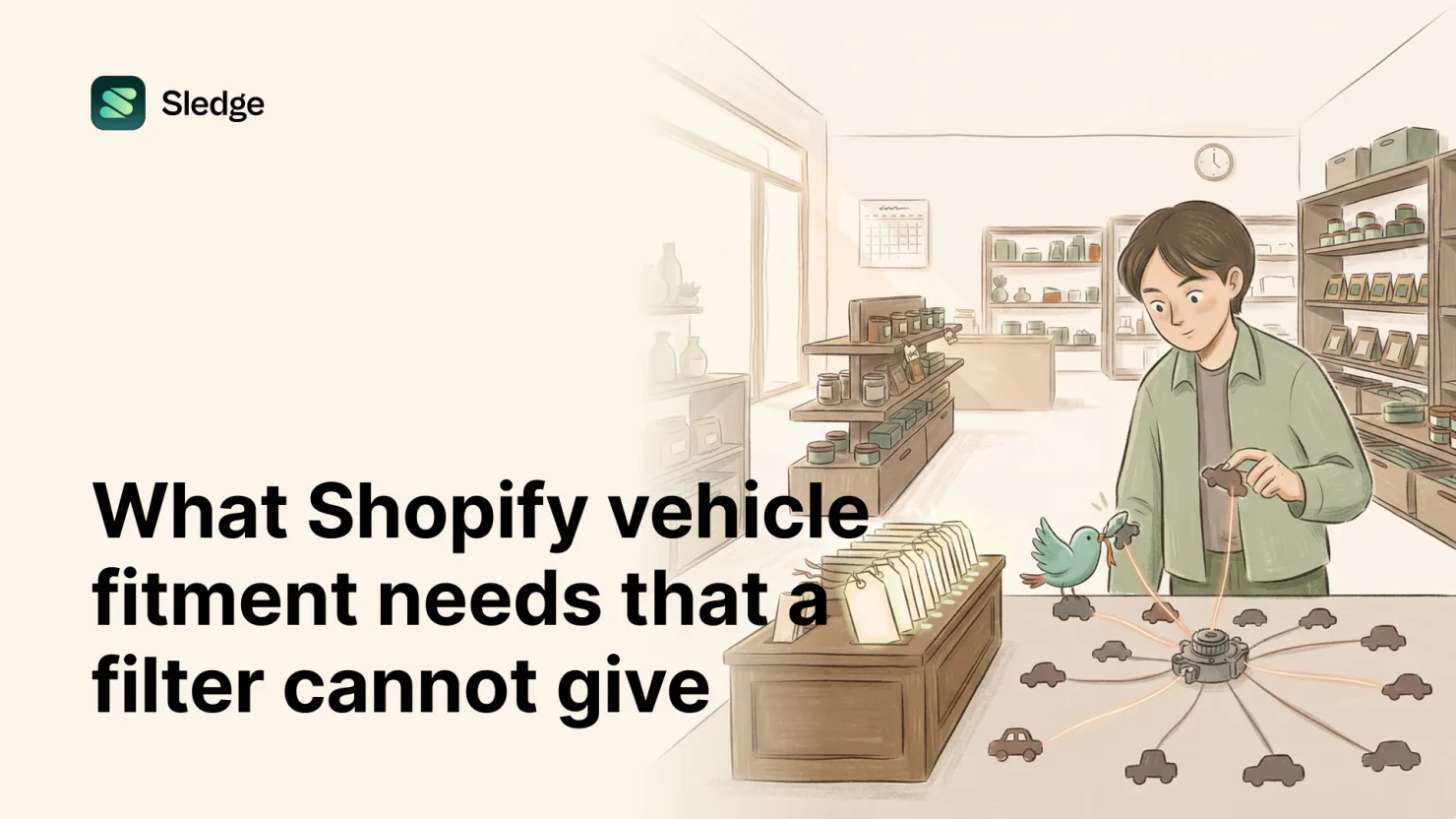 A shopkeeper holds up a small car piece over a counter where a glowing gear sits in the middle of a ring of toy cars, a teal bird carrying another car in its beak beside a box of glowing tags.