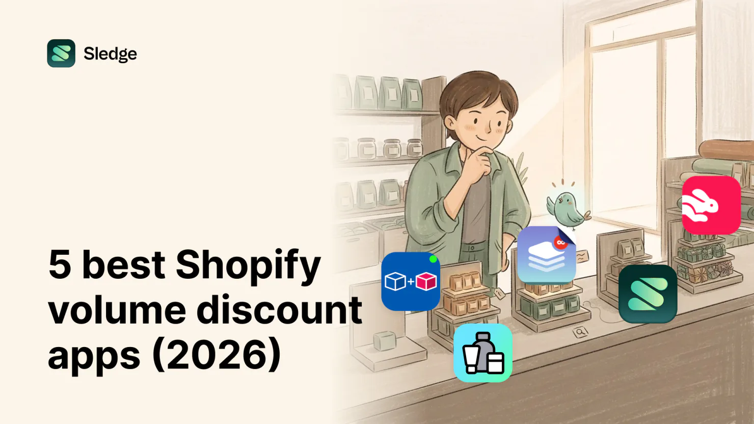 A shop owner pauses beside stacked stock while five bundle app icons float above the counter.
