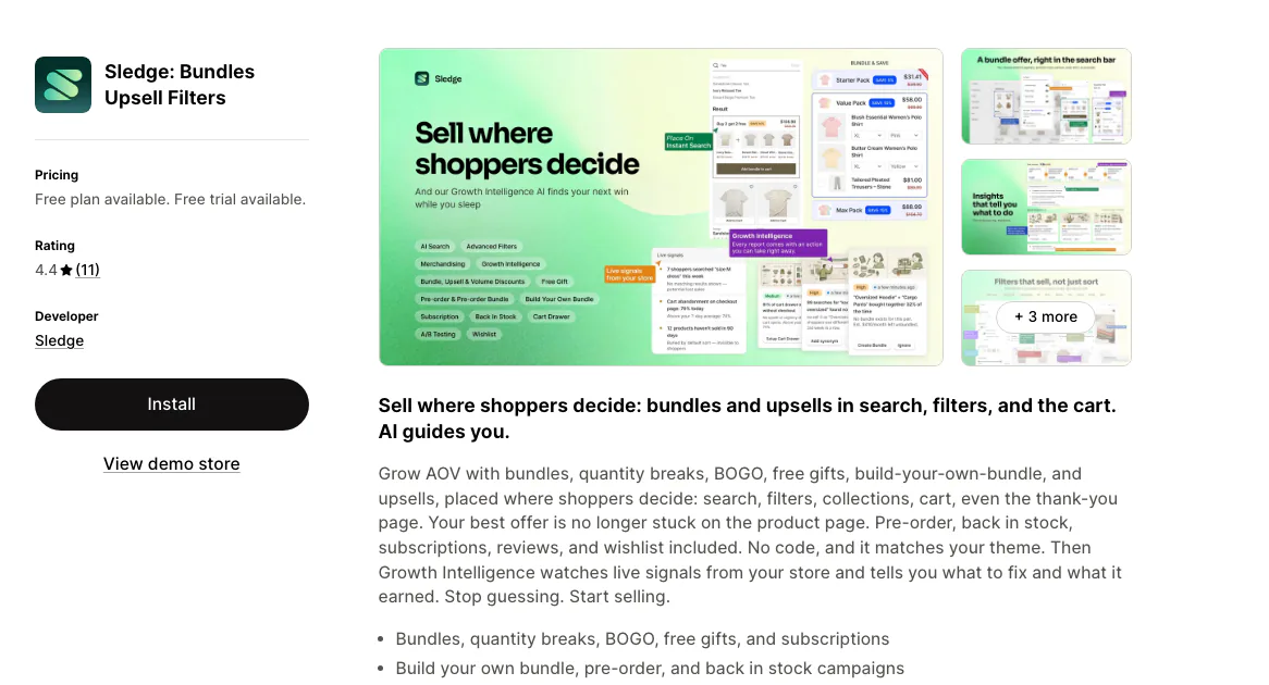 The Sledge: Bundles Upsell Filters listing on the Shopify App Store, rated 4.4 from 11 reviews with a free plan and a free trial.