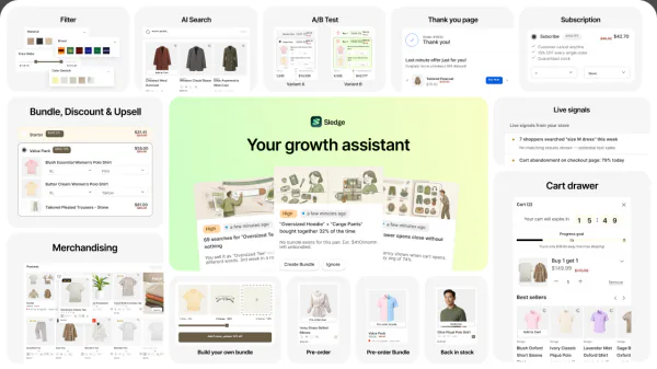 A grid of Sledge screens: filters, instant search, bundle offers, the cart drawer, and the Growth Intelligence panel.
