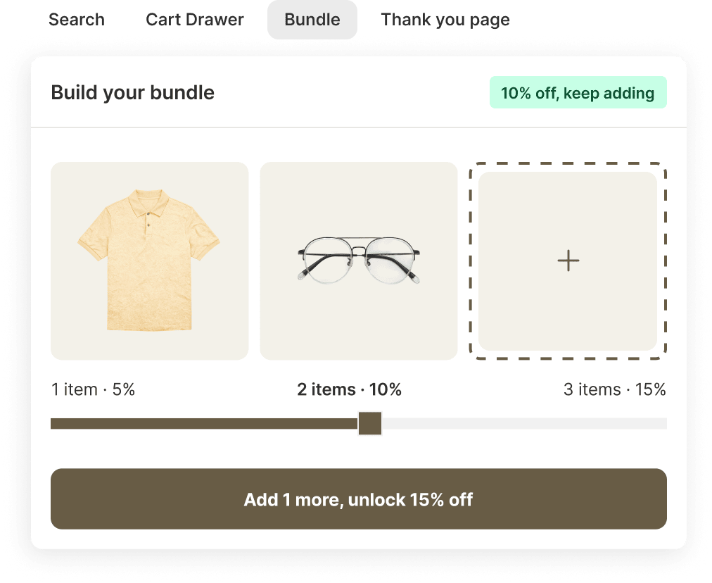 A build-your-own bundle with a progress bar unlocking a bigger discount, on the bundle tab beside search, cart drawer, and thank you page.