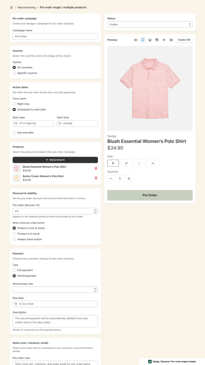 The Sledge pre-order campaign editor, showing a scheduled campaign with two products added, the Blush Essential Women's Polo Shirt and the Butter Cream Women's Polo Shirt, partial payment enabled with a due date, and a mobile preview of the Pre Order button.