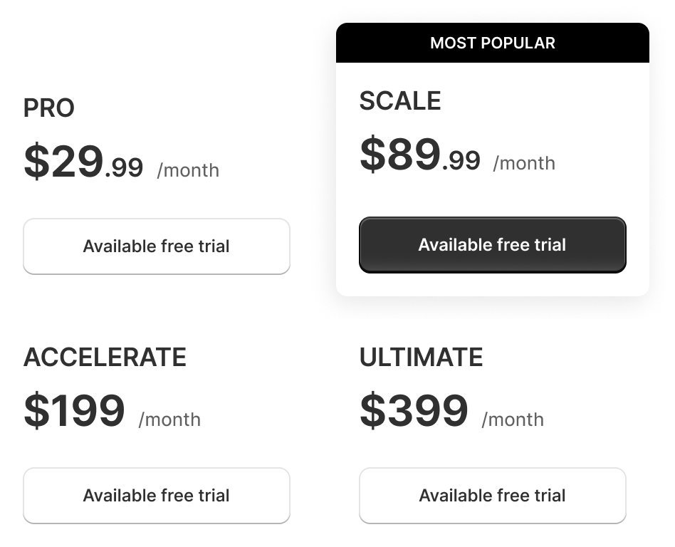 The four Sledge plans side by side at $29.99, $89.99, $199, and $399 a month, each with a free trial.