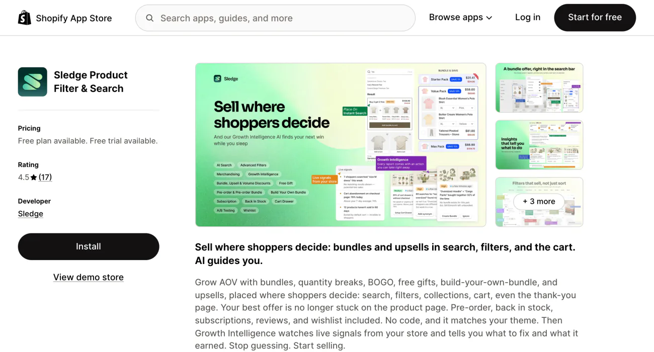 Sledge's listing on the Shopify App Store, showing its summary and screenshots.