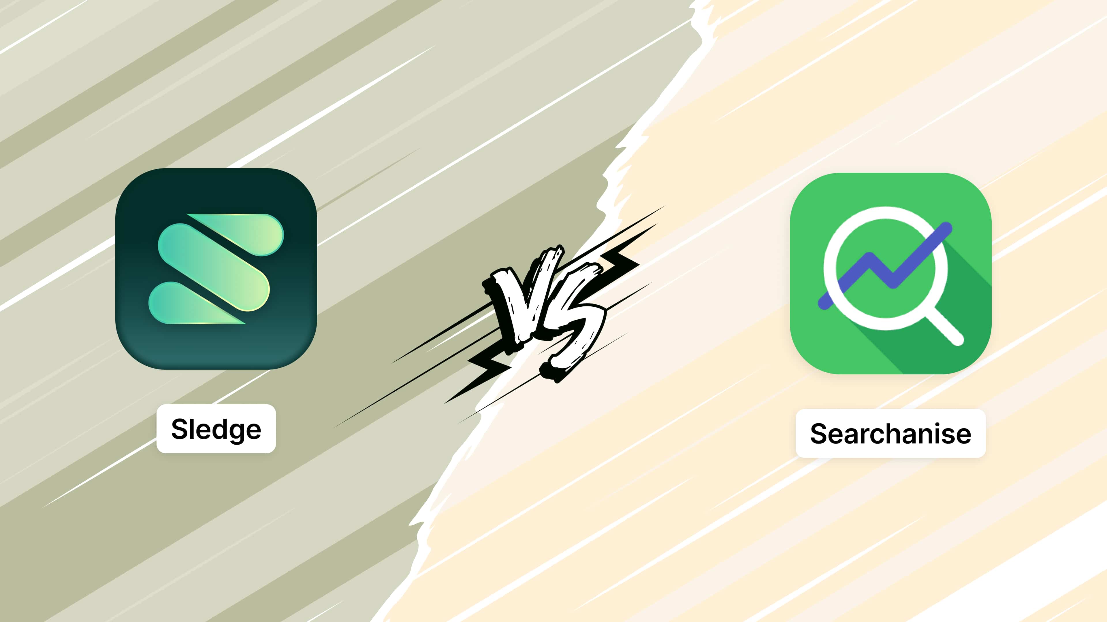 The Sledge and Searchanise app icons facing each other across a split background.