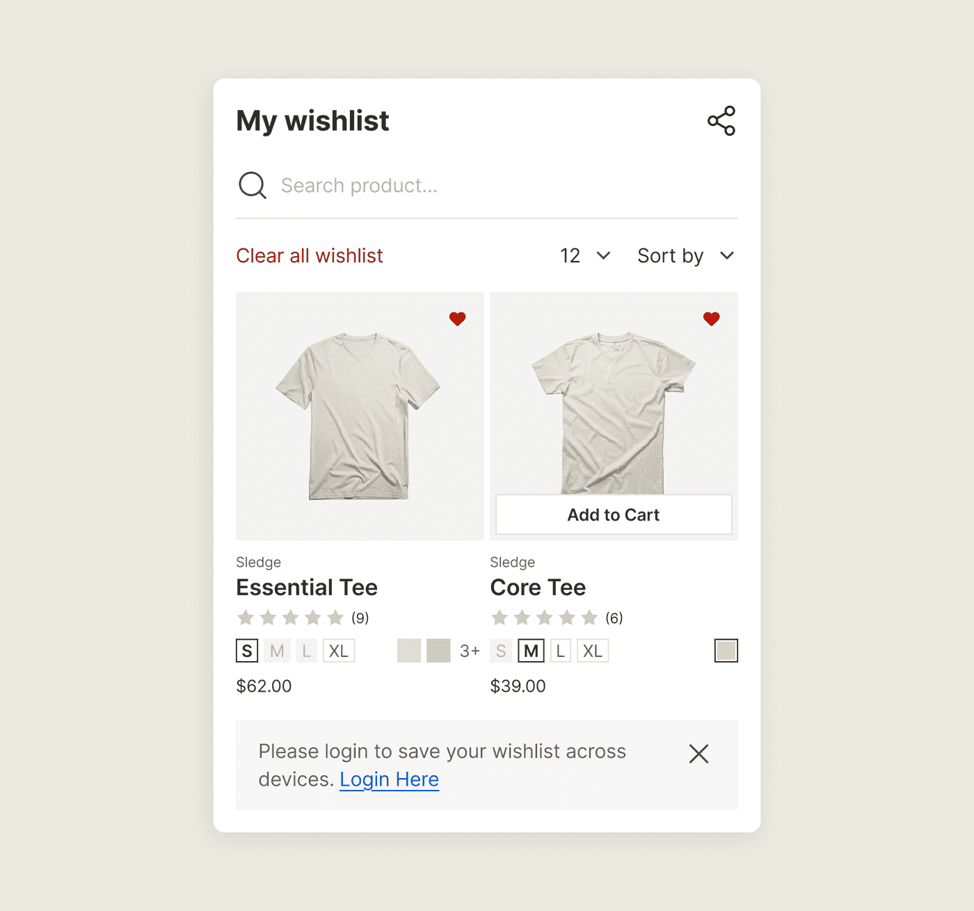 A Sledge wishlist page on Shopify holding 12 saved items, with guests prompted to log in to keep the list across devices.