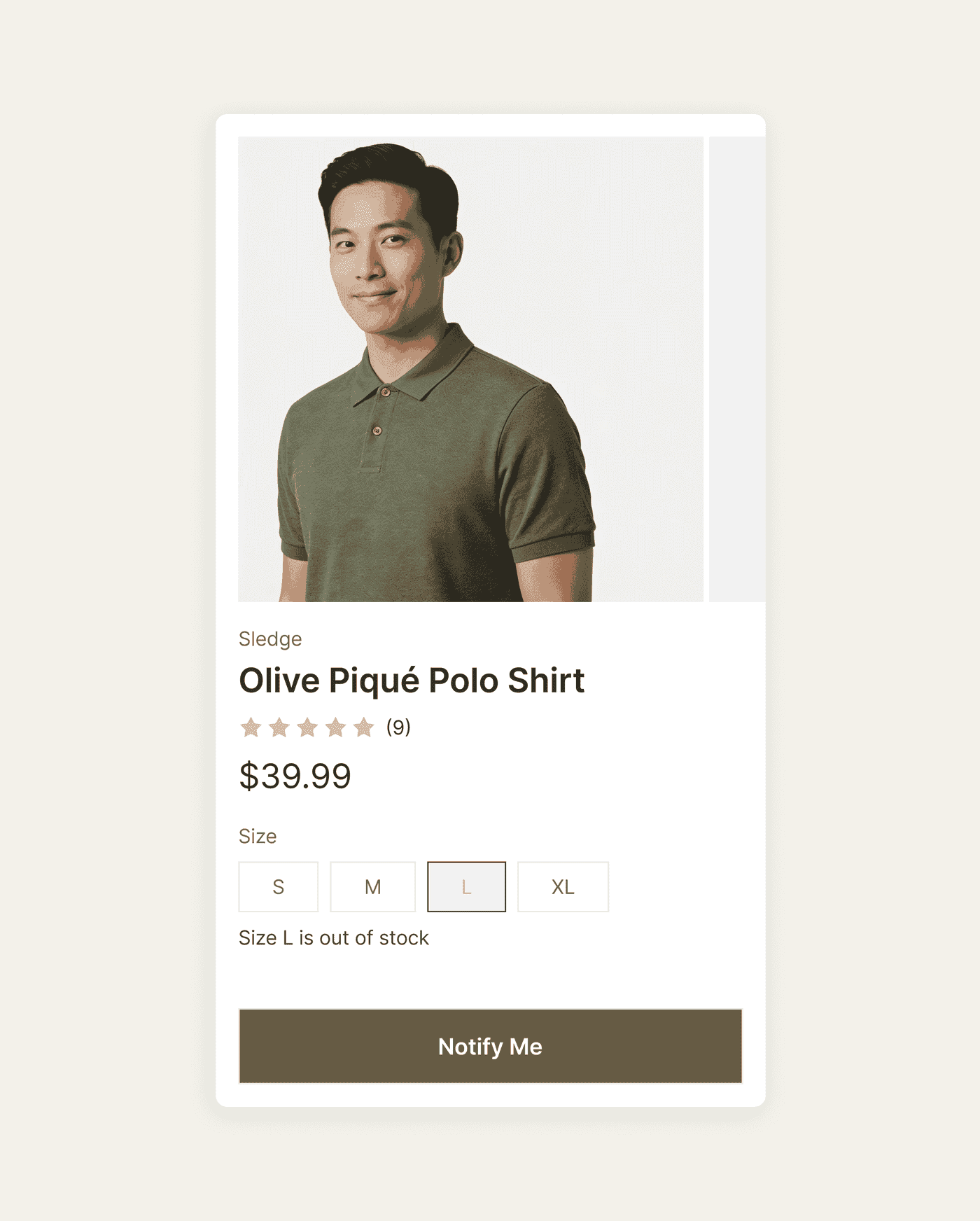 A sold-out size on a Shopify product page turned into a Notify me signup.