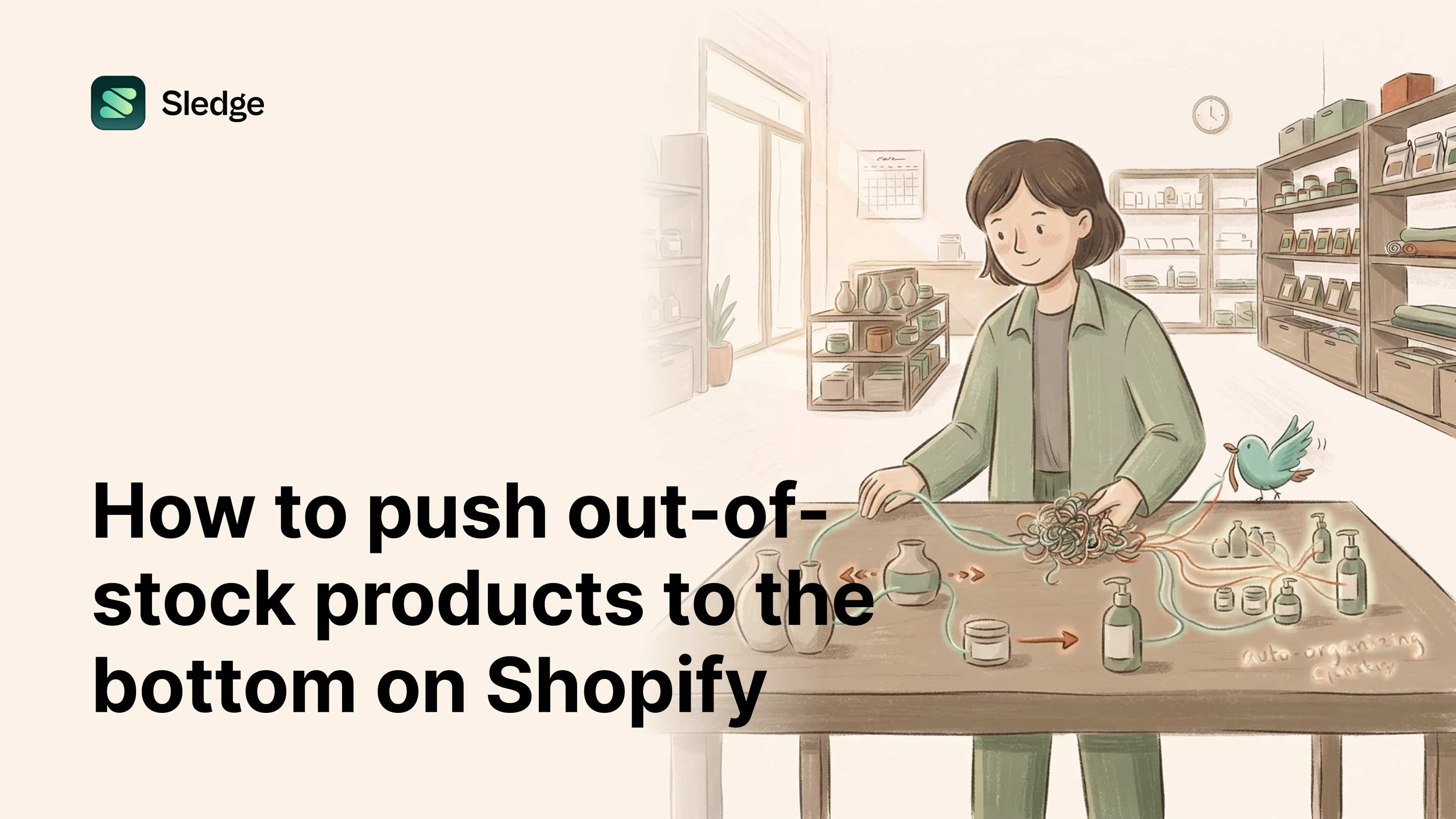 A shopkeeper untangles knotted cords as arrows slide jars and bottles into a row that sorts itself on the table