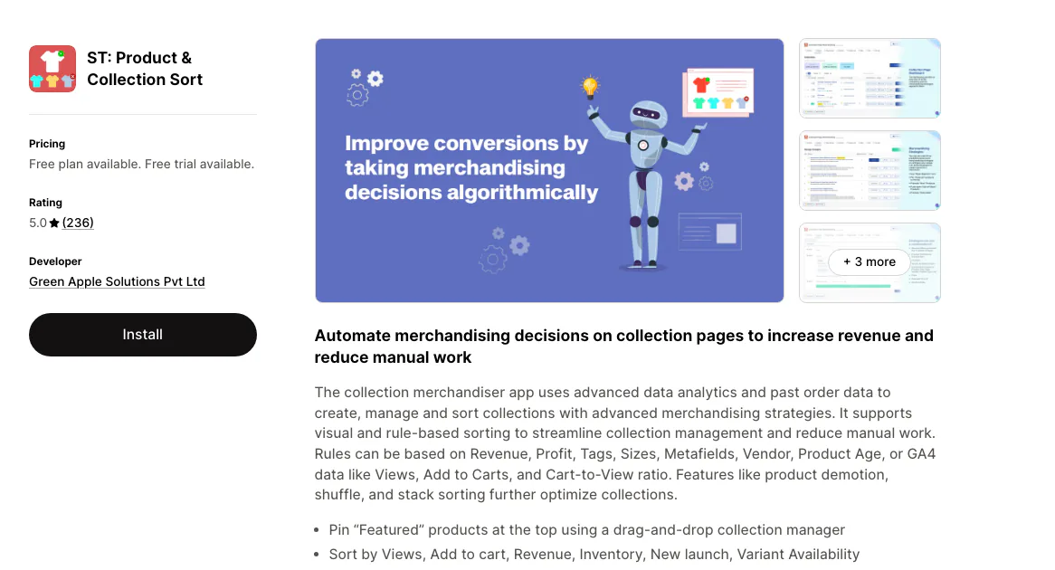 The ST Product and Collection Sort listing on the Shopify App Store by Green Apple Solutions, rated 5.0 from 236 reviews with a free plan available.