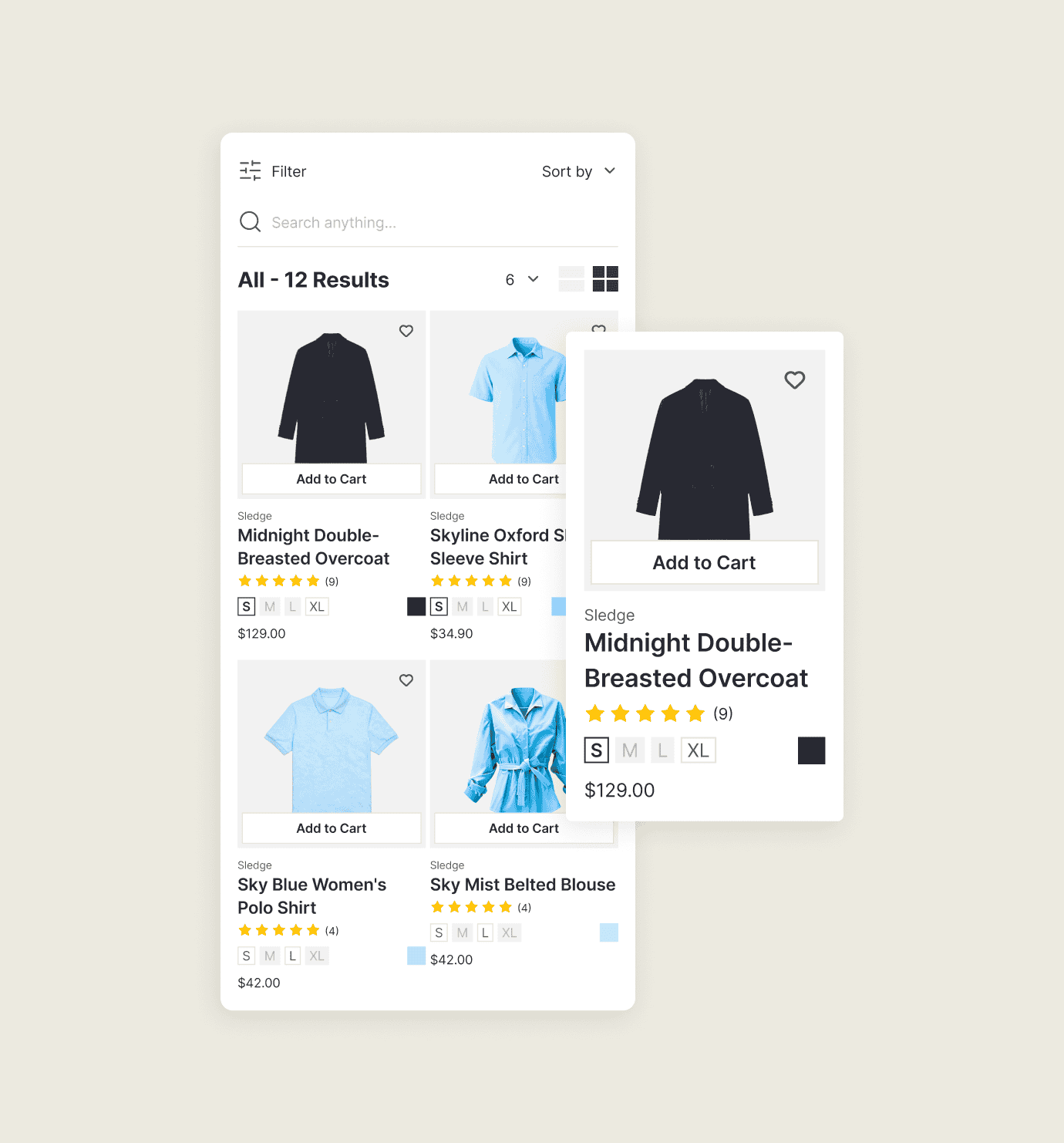 A Shopify collection grid where every product card shows its star rating and review count.