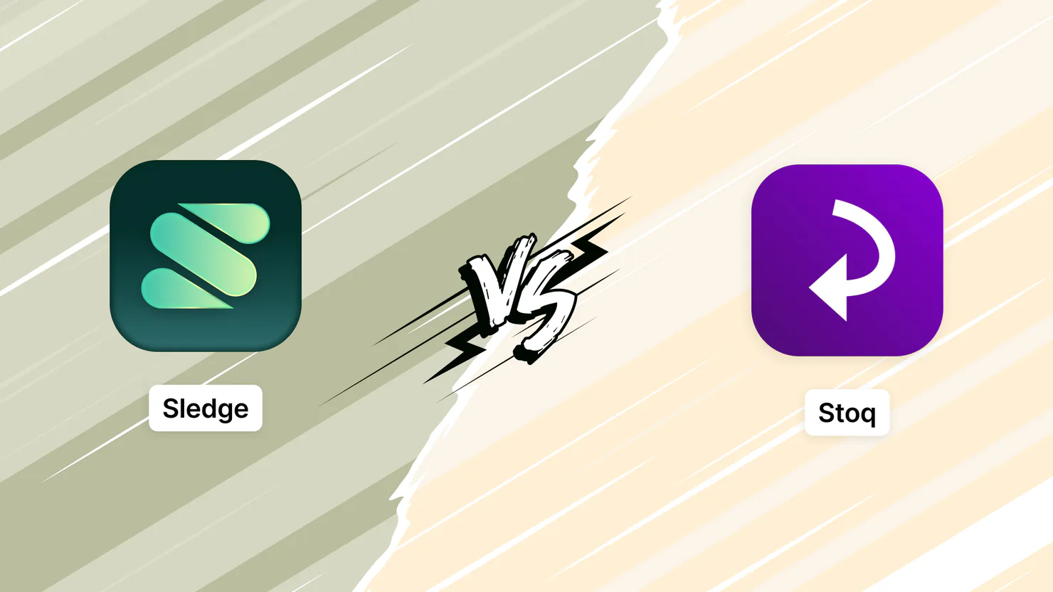 The Sledge and STOQ app icons facing off on a torn green and cream background, marked VS, for a STOQ alternative comparison.