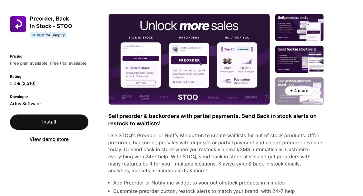 The Preorder, Back In Stock STOQ listing on the Shopify App Store by Artos Software, rated 5.0 from 3,510 reviews, Built for Shopify, with a free plan.