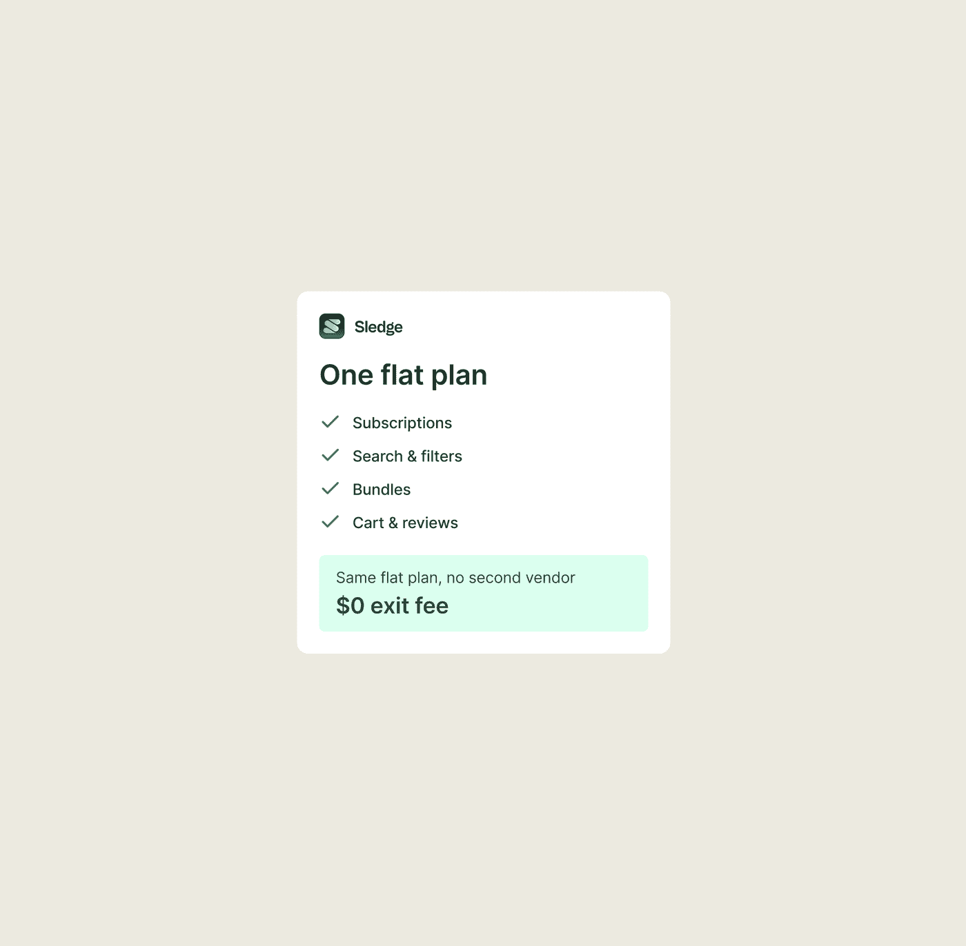 Subscriptions, search, filters, bundles, cart, and reviews on the same flat Sledge plan with no exit fee.