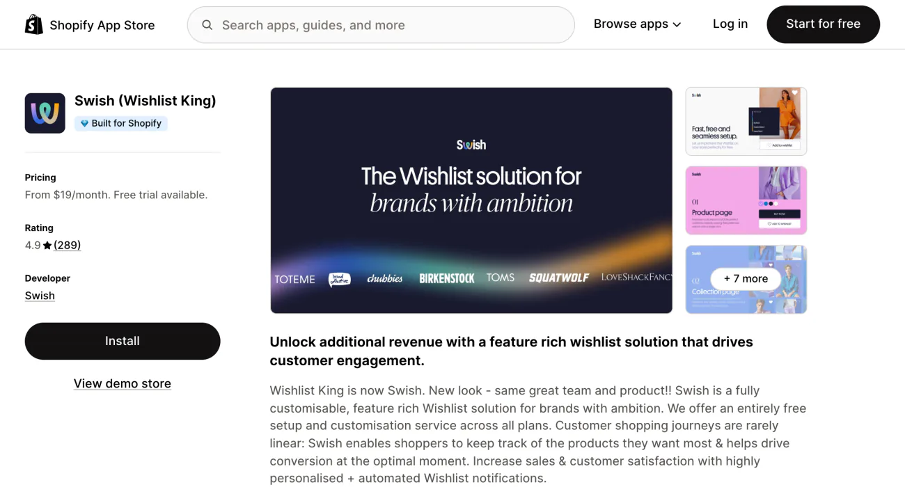 The Swish listing on the Shopify App Store, with its app summary and screenshots.