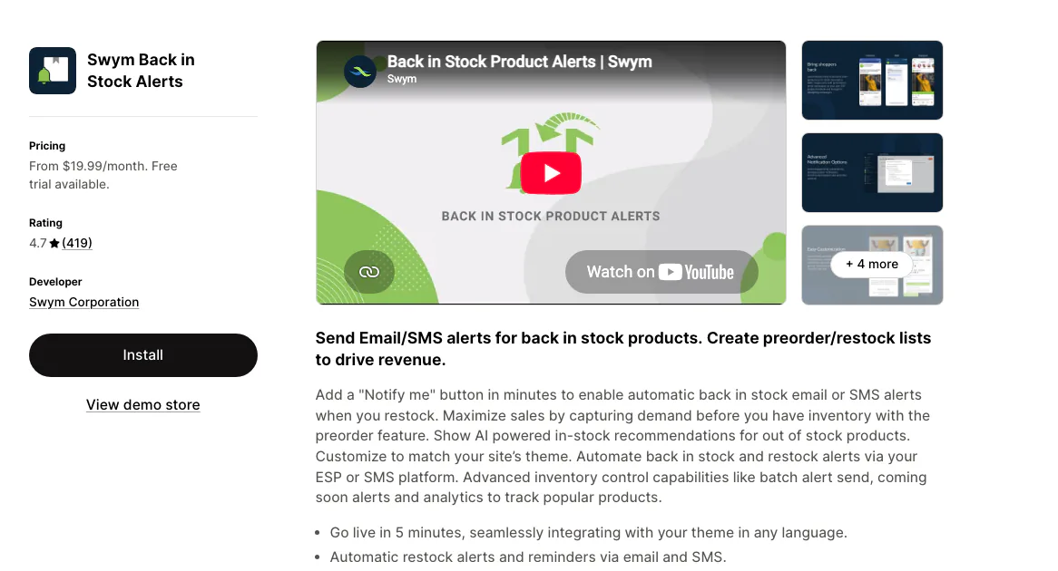 The Swym Back in Stock Alerts listing on the Shopify App Store by Swym Corporation, rated 4.7 from 419 reviews, from $19.99 a month.