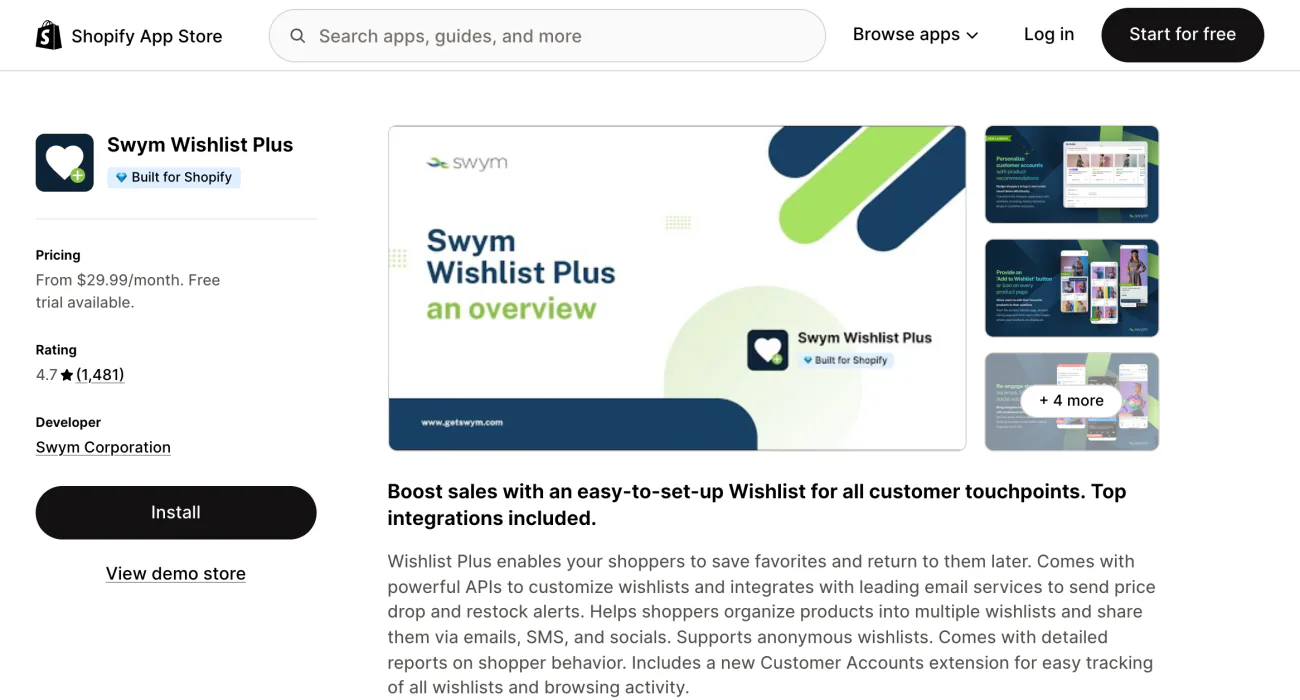 The Swym Wishlist Plus listing on the Shopify App Store, with its summary and screenshots.