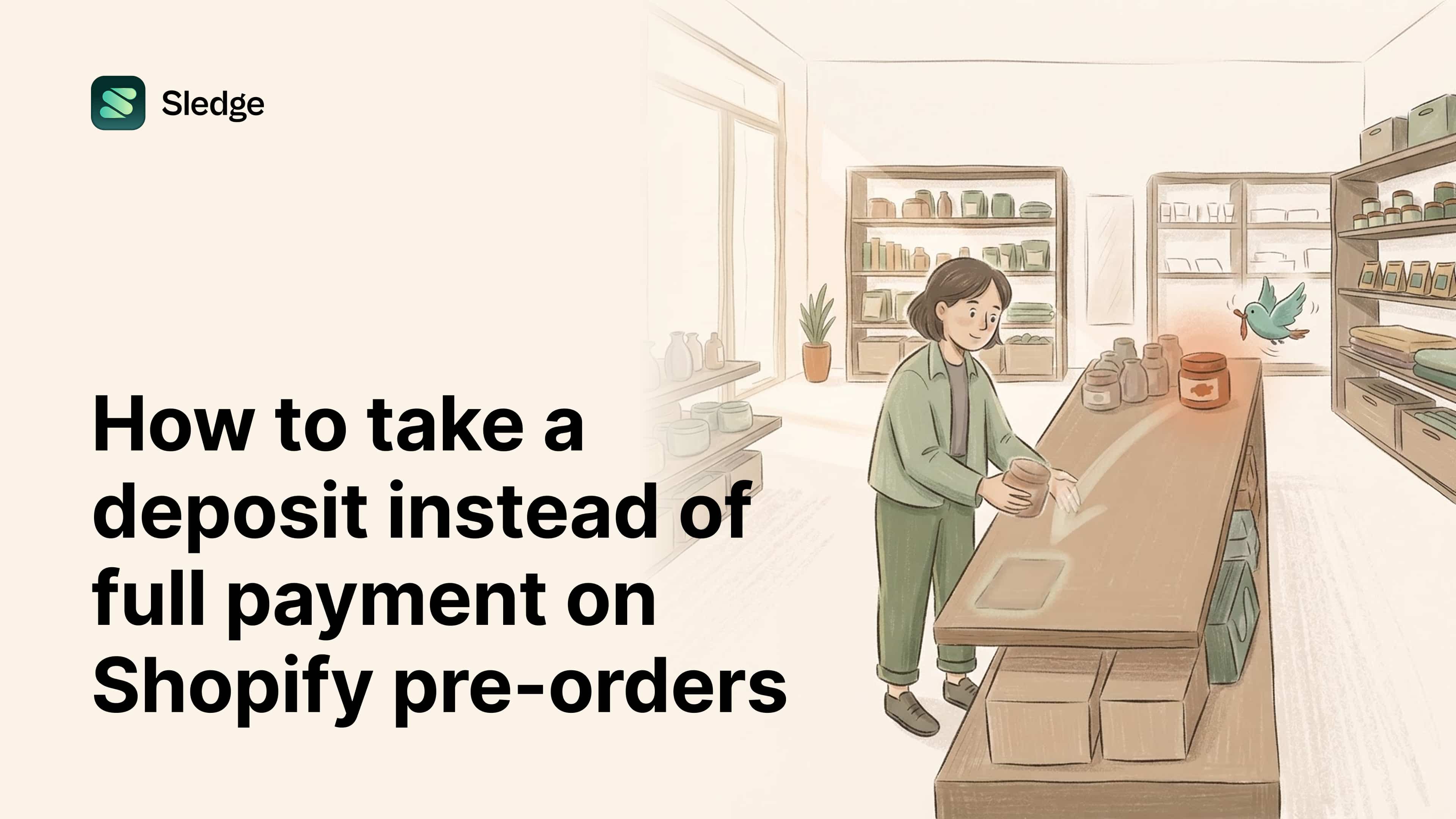 A shopkeeper holds a jar over a counter where a sketched arrow points from the stocked end to a marked empty spot
