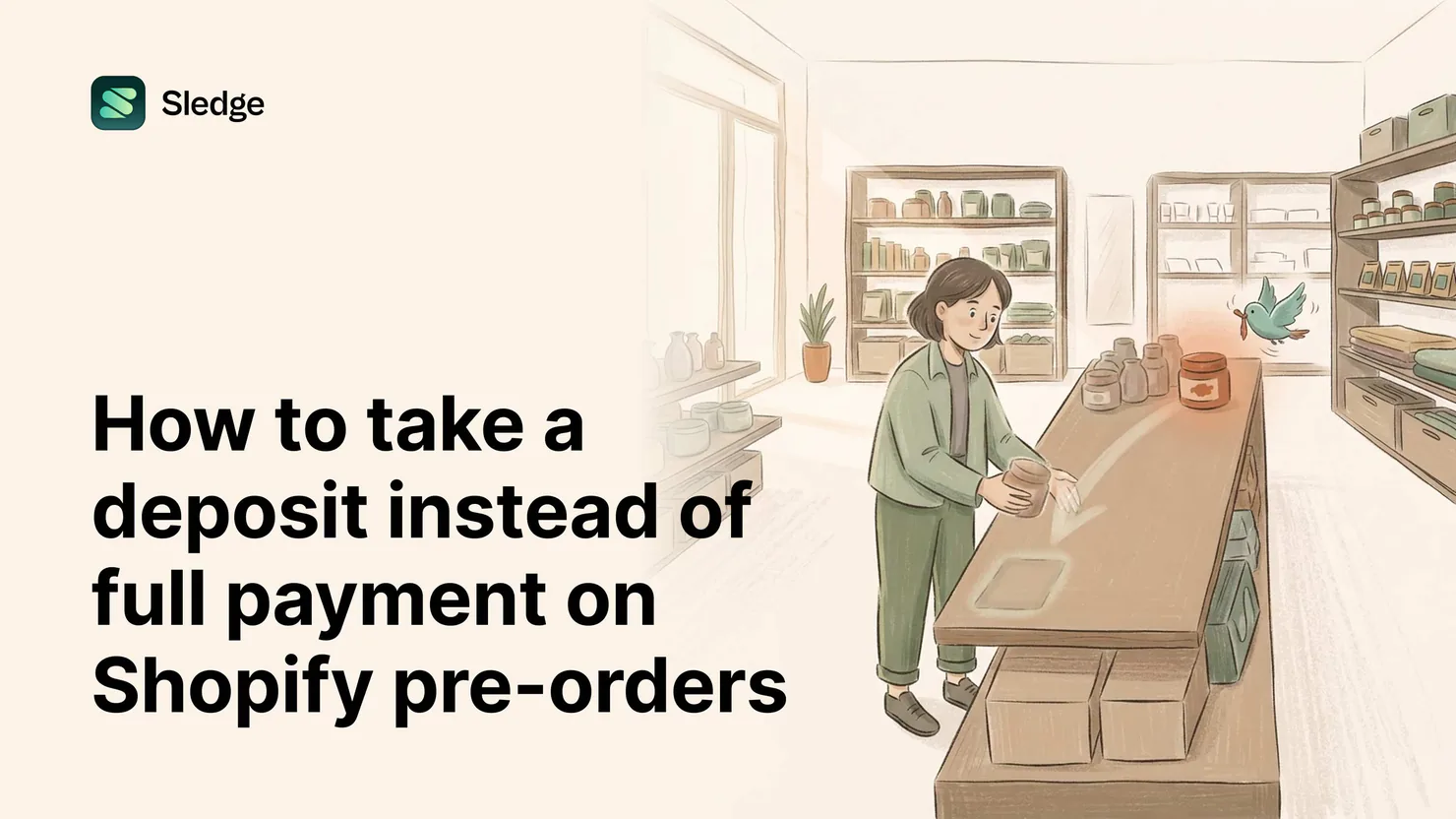 A shopkeeper holds a jar over a counter where a sketched arrow points from the stocked end to a marked empty spot