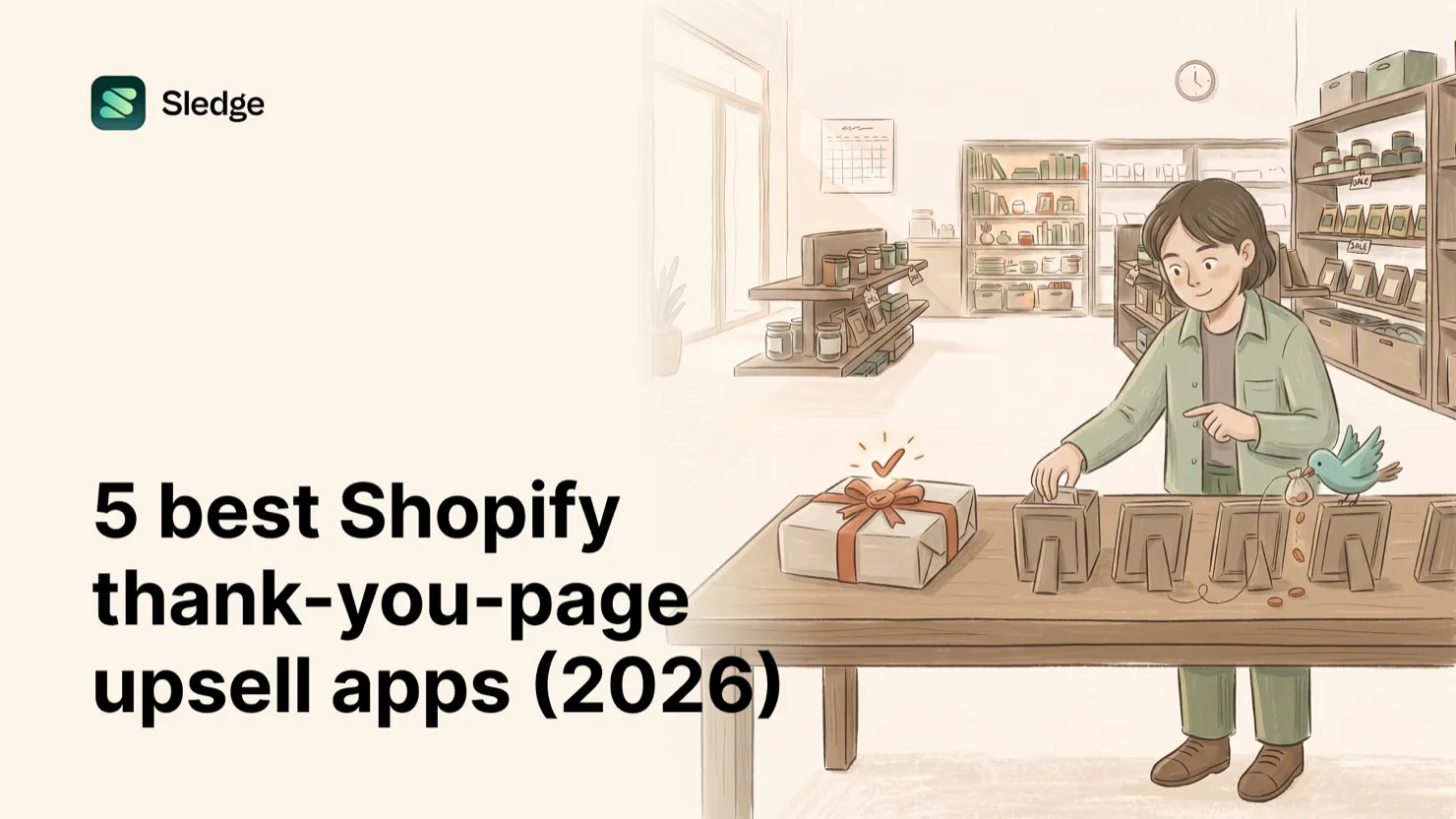 A shopkeeper arranges gift tags in a row beside a wrapped present, a bird dropping coins nearby.