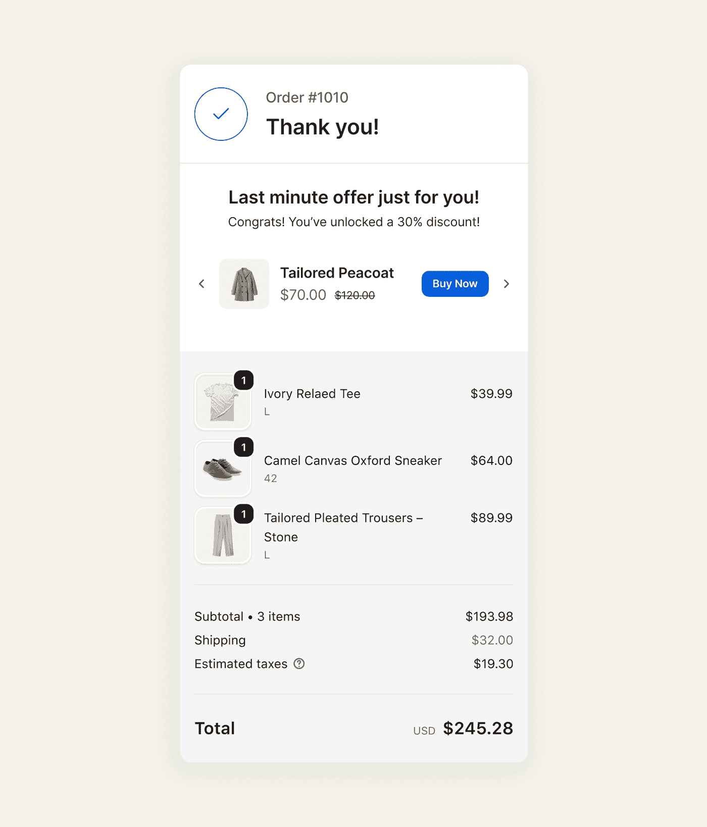 A Shopify thank you page carrying a post-purchase offer instead of just a receipt.