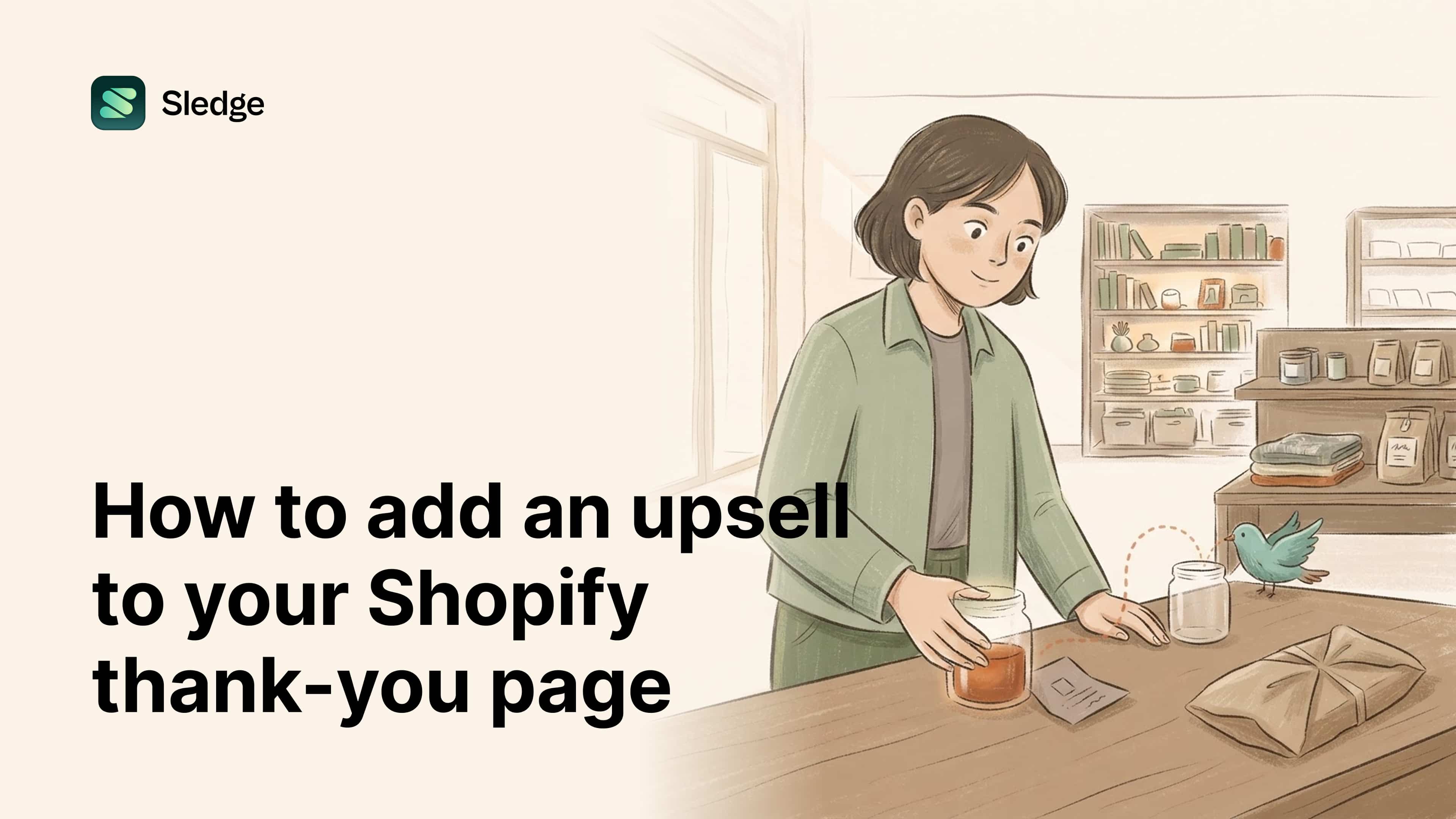 A shopkeeper adds one jar beside a wrapped parcel and receipt while a dotted arc points to a second jar