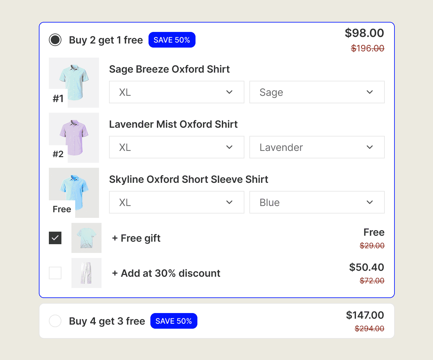 Tiered buy X get Y on Shopify: buy 2 get 1 free, with buy 4 get 3 free below it.
