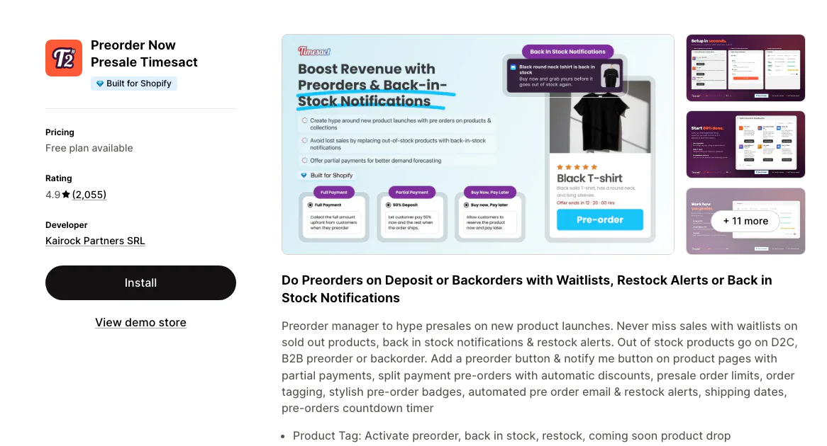 The Preorder Now Presale Timesact listing on the Shopify App Store by Kairock Partners, Built for Shopify.