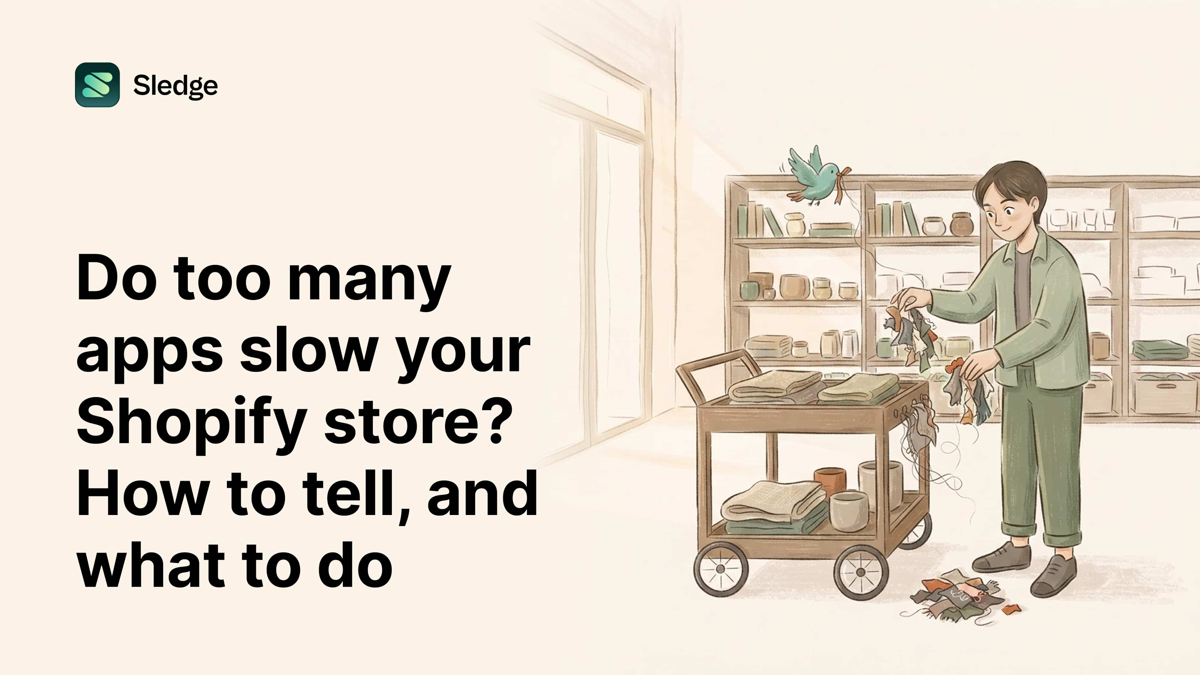 Sketch of a person pulling tangled scraps off a cluttered shop cart while a bird tugs a loose thread free.