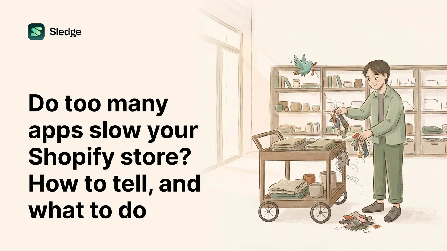 Sketch of a person pulling tangled scraps off a cluttered shop cart while a bird tugs a loose thread free.