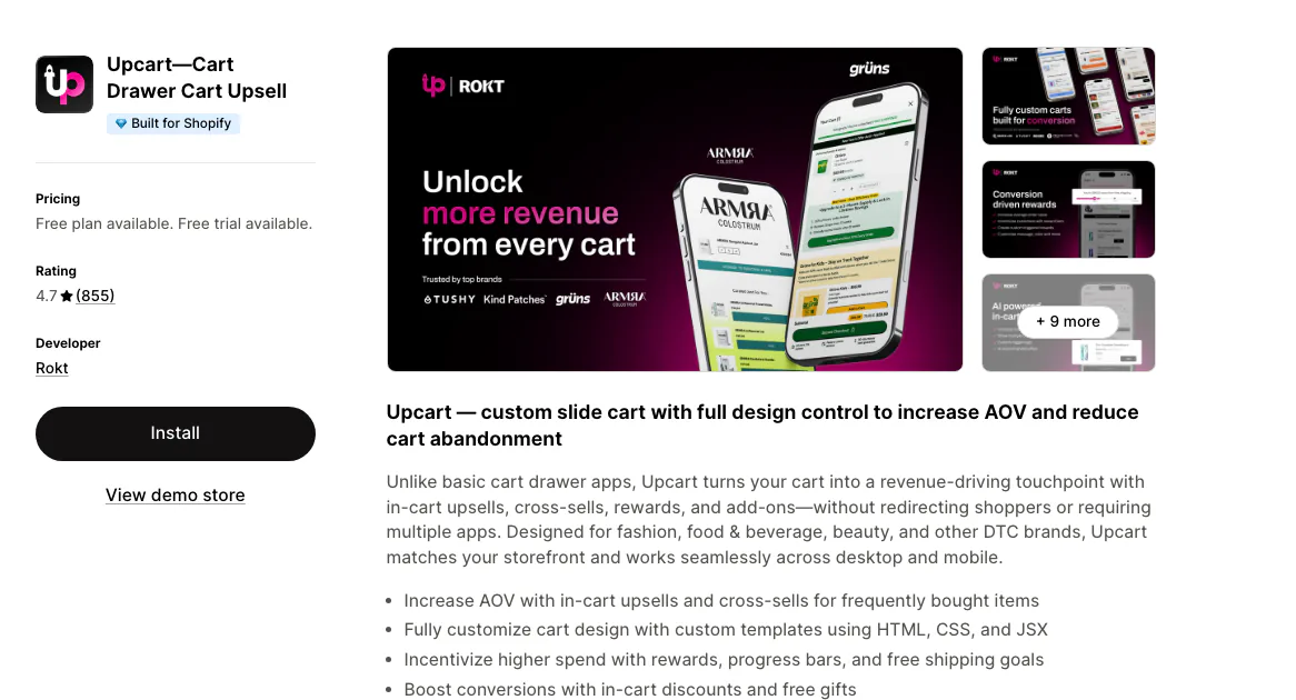 The Upcart Cart Drawer Cart Upsell listing on the Shopify App Store by Rokt, Built for Shopify, rated 4.7 from 855 reviews with a free plan available.