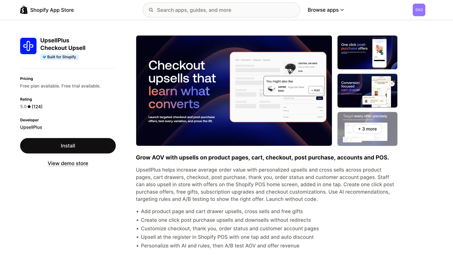 The UpsellPlus Checkout Upsell listing on the Shopify App Store, Built for Shopify, rated 5.0 from 124 reviews.