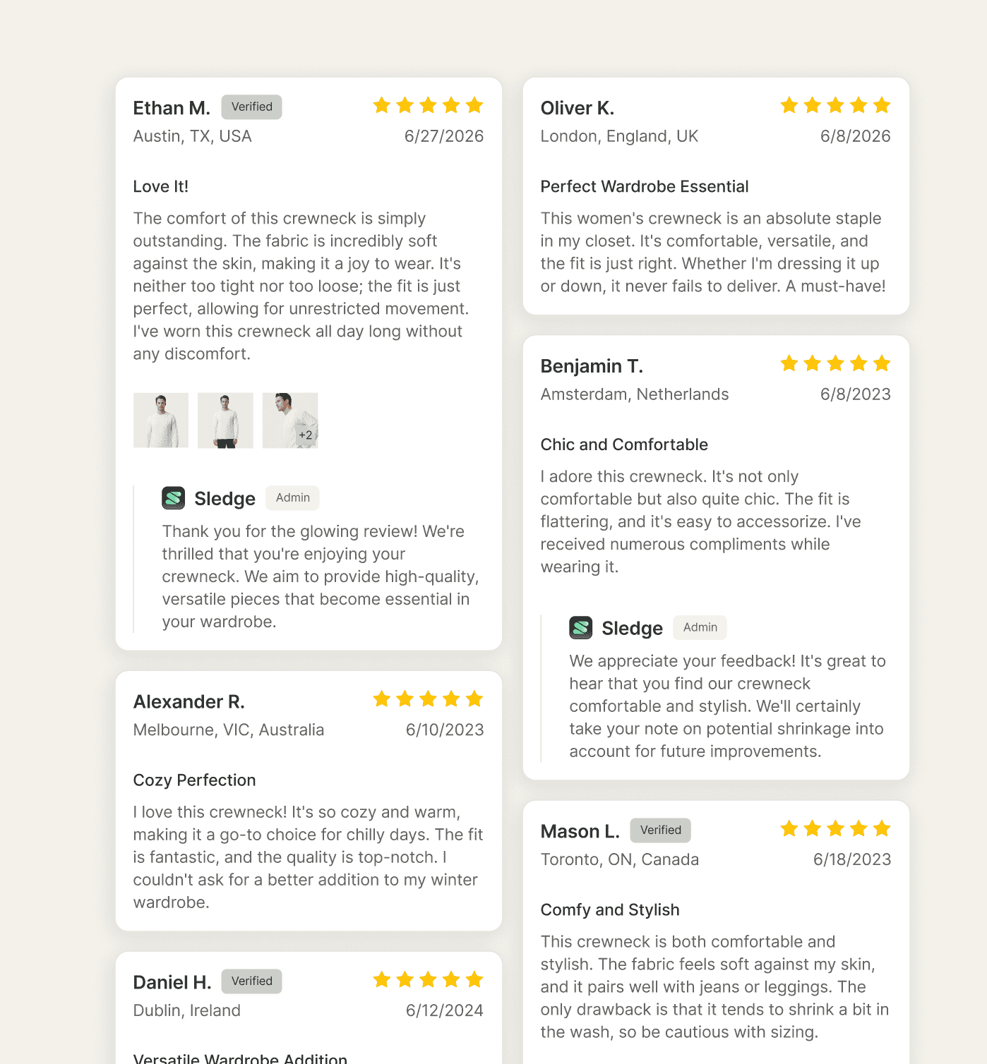 A wall of verified Shopify product reviews with shopper photos and replies from the store.