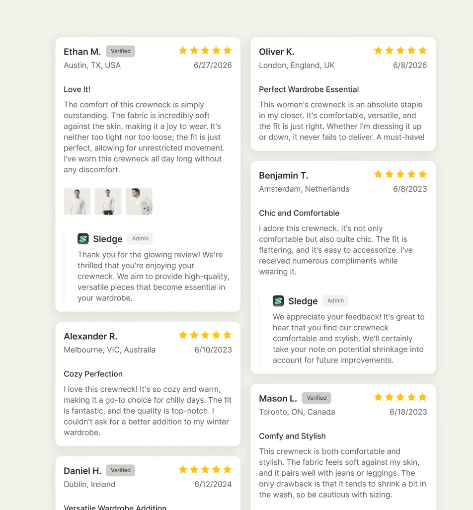 A wall of verified Shopify product reviews with shopper photos and replies from the store.
