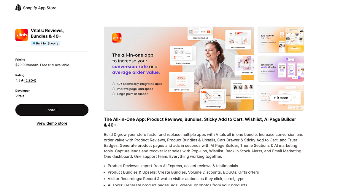 The Vitals Reviews, Bundles and 40+ listing on the Shopify App Store, rated 4.9 from 2,804 reviews at $29.99 a month with a Built for Shopify badge.