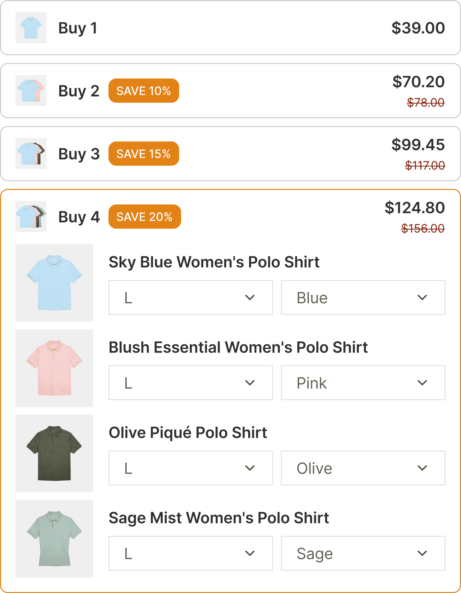 A Shopify volume discount ladder with tiers at buy 1, buy 2, buy 3, and buy 4, and a default tier you set.
