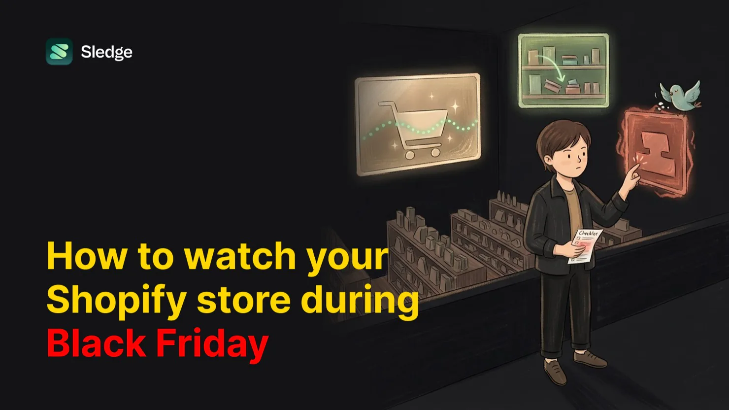 A shopkeeper reaches for a glowing warning panel on the wall, checklist in hand, flanked by two lit screens, one tracking a cart's pulse, one showing a shelf restocking, a teal bird perched on the panel above.